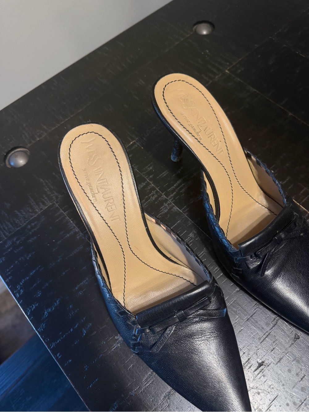 Vintage Yves Saunt Laurent Black Leather Pointed-Toe Mules